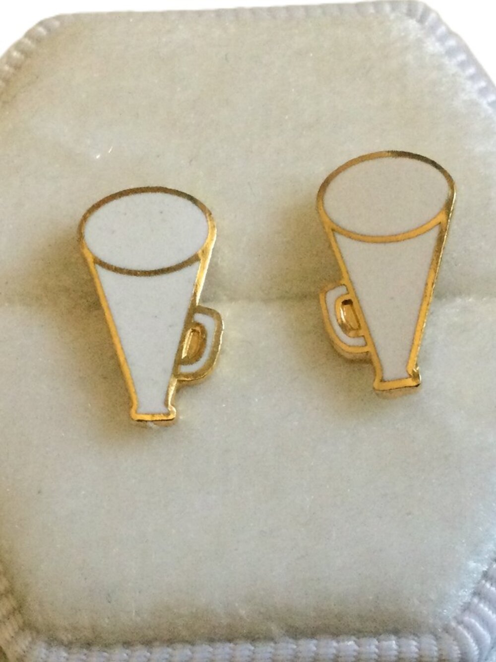 Vintage Gold Tone with White Enamel Megaphone Stud Earrings